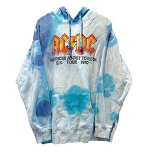 AC/DC Vintage 1982 Band Concert Hoodie Blue Tie Dye‎ Pullover Men’s Size XL